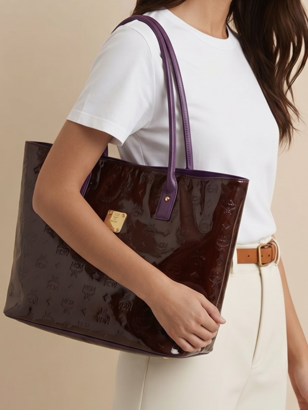 MCM | Visetos Patent Leather Tote Bag Burgundy Purple Purse Authentic